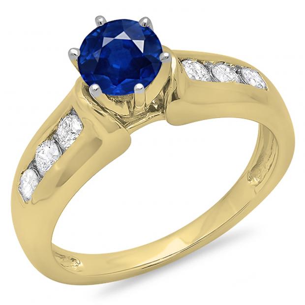 1.00 Carat (ctw) 10K Yellow Gold Round Cut Blue Sapphire & White Diamond Ladies Bridal Solitaire With Accents Engagement Ring 1 CT