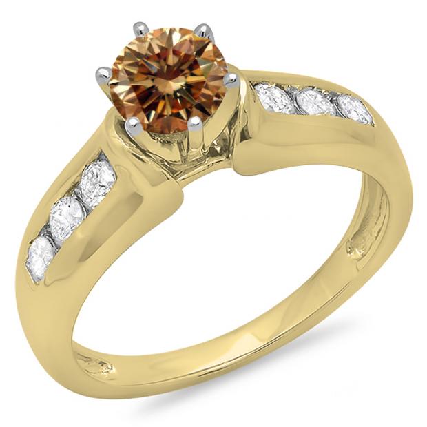 1.00 Carat (ctw) 10K Yellow Gold Round Cut Champagne & White Diamond Ladies Bridal Solitaire With Accents Engagement Ring 1 CT