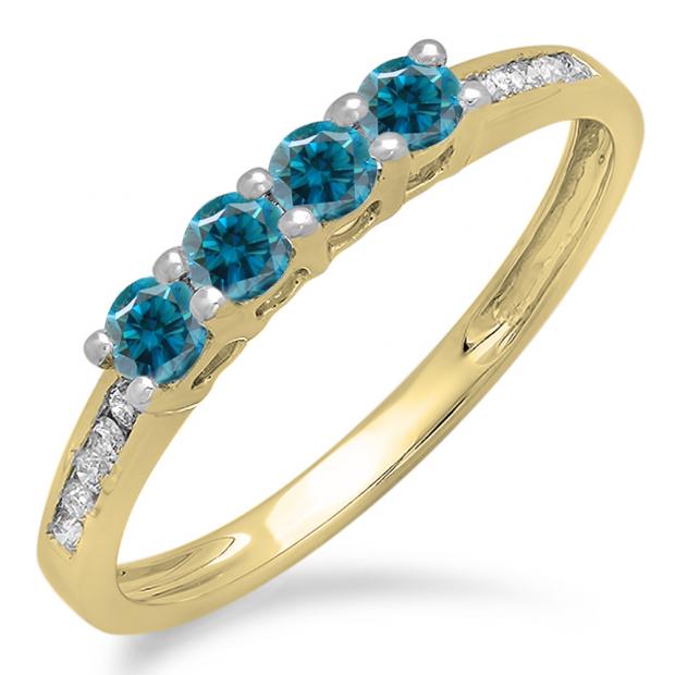 0.50 Carat (ctw) 10K Yellow Gold Round Blue & White Diamond Ladies Bridal Anniversary Wedding Band Stackable Ring 1/2 CT