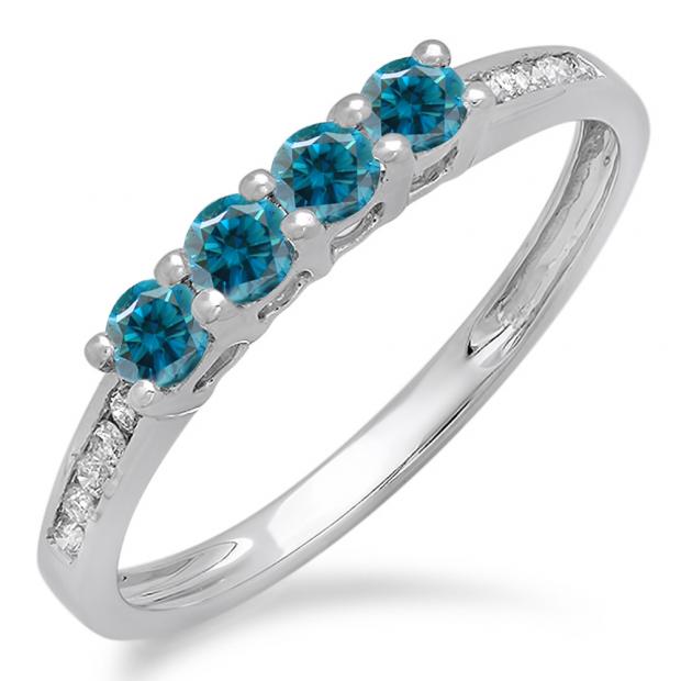 0.50 Carat (ctw) 14K White Gold Round Blue & White Diamond Ladies Bridal Anniversary Wedding Band Stackable Ring 1/2 CT