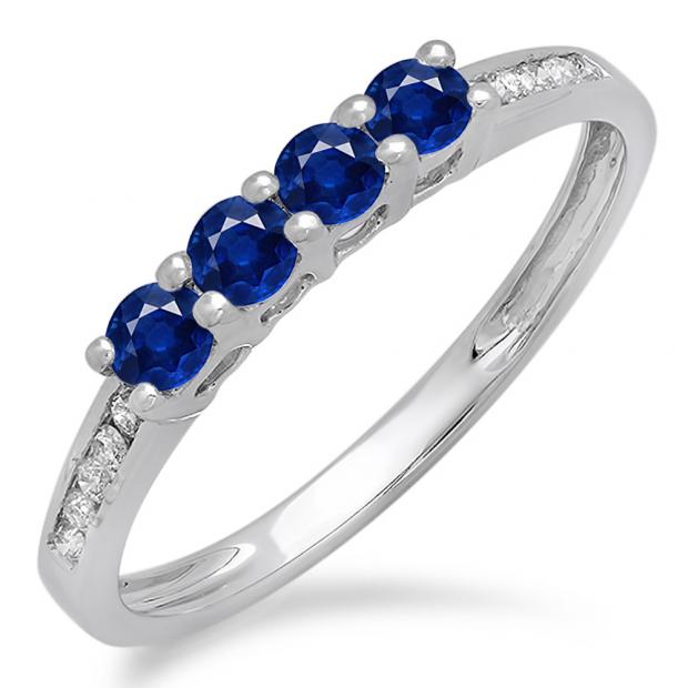 0.50 Carat (ctw) 10K White Gold Round Blue Sapphire & White Diamond Ladies Bridal Anniversary Wedding Band Stackable Ring 1/2 CT
