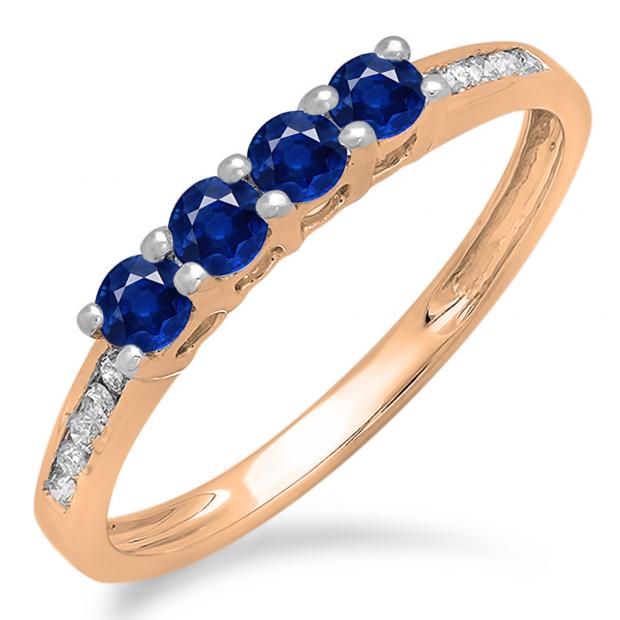 0.50 Carat (ctw) 14K Rose Gold Round Blue Sapphire & White Diamond Ladies Bridal Anniversary Wedding Band Stackable Ring 1/2 CT