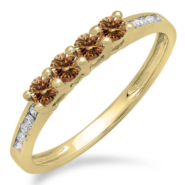 0.50 Carat (ctw) 10K Yellow Gold Round Champagne & White Diamond Ladies Bridal Anniversary Wedding Band Stackable Ring 1/2 CT