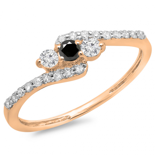0.33 Carat (ctw) 10K Rose Gold Round Black & White Diamond Ladies Swirl Engagement 3 Stone Bridal Ring 1/3 CT