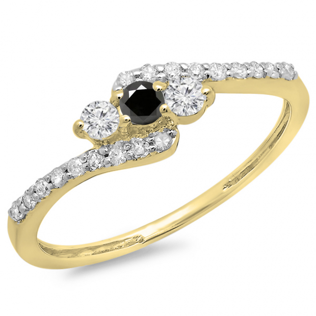 0.33 Carat (ctw) 10K Yellow Gold Round Black & White Diamond Ladies Swirl Engagement 3 Stone Bridal Ring 1/3 CT