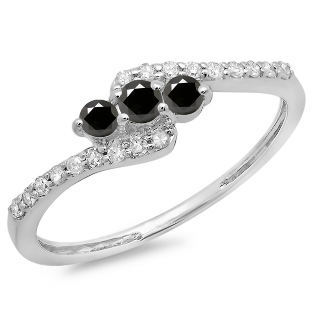 0.33 Carat (ctw) 10K White Gold Round Black & White Diamond Ladies Swirl Engagement 3 Stone Bridal Ring 1/3 CT