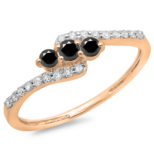 0.33 Carat (ctw) 18K Rose Gold Round Black & White Diamond Ladies Swirl Engagement 3 Stone Bridal Ring 1/3 CT