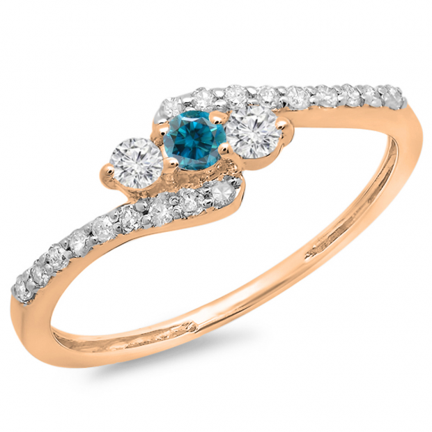 0.33 Carat (ctw) 10K Rose Gold Round Blue & White Diamond Ladies Swirl Engagement 3 Stone Bridal Ring 1/3 CT
