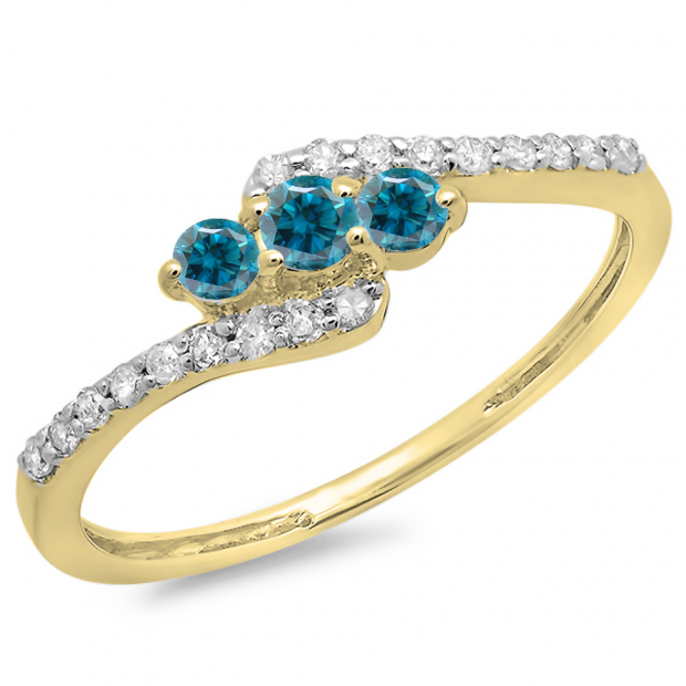 0.33 Carat (ctw) 14K Yellow Gold Round Blue & White Diamond Ladies Swirl Engagement 3 Stone Bridal Ring 1/3 CT