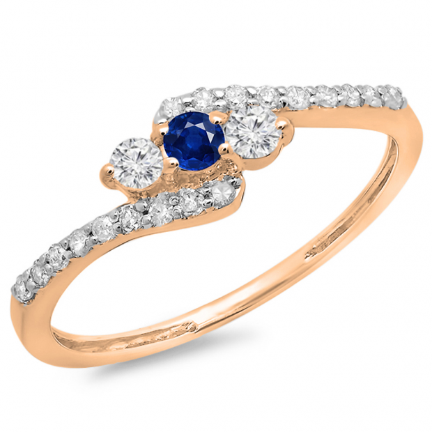 0.33 Carat (ctw) 10K Rose Gold Round Blue Sapphire & White Diamond Ladies Swirl Engagement 3 Stone Bridal Ring 1/3 CT