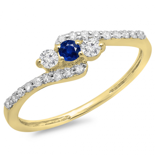 0.33 Carat (ctw) 18K Yellow Gold Round Blue Sapphire & White Diamond Ladies Swirl Engagement 3 Stone Bridal Ring 1/3 CT