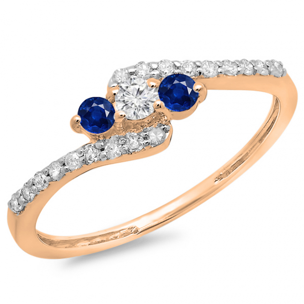 0.33 Carat (ctw) 14K Rose Gold Round Blue Sapphire & White Diamond Ladies Swirl Engagement 3 Stone Bridal Ring 1/3 CT