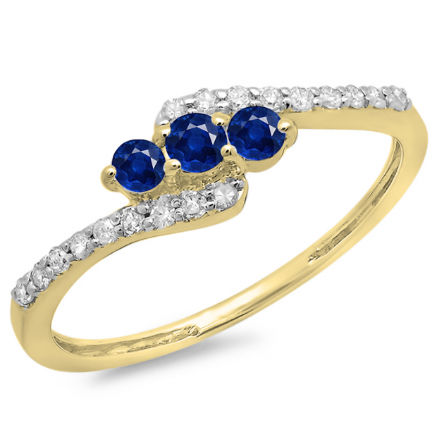 0.33 Carat (ctw) 10K Yellow Gold Round Blue Sapphire & White Diamond Ladies Swirl Engagement 3 Stone Bridal Ring 1/3 CT
