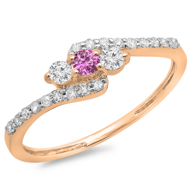 0.33 Carat (ctw) 10K Rose Gold Round Pink Sapphire & White Diamond Ladies Swirl Engagement 3 Stone Bridal Ring 1/3 CT