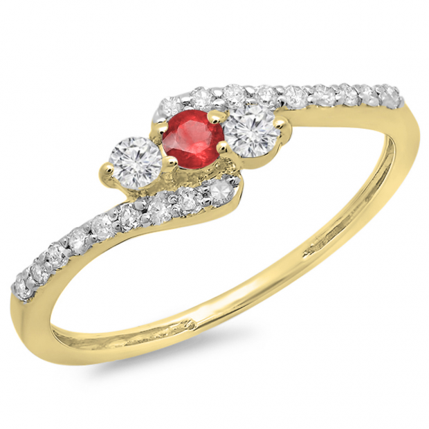0.33 Carat (ctw) 14K Yellow Gold Round Red Ruby & White Diamond Ladies Swirl Engagement 3 Stone Bridal Ring 1/3 CT