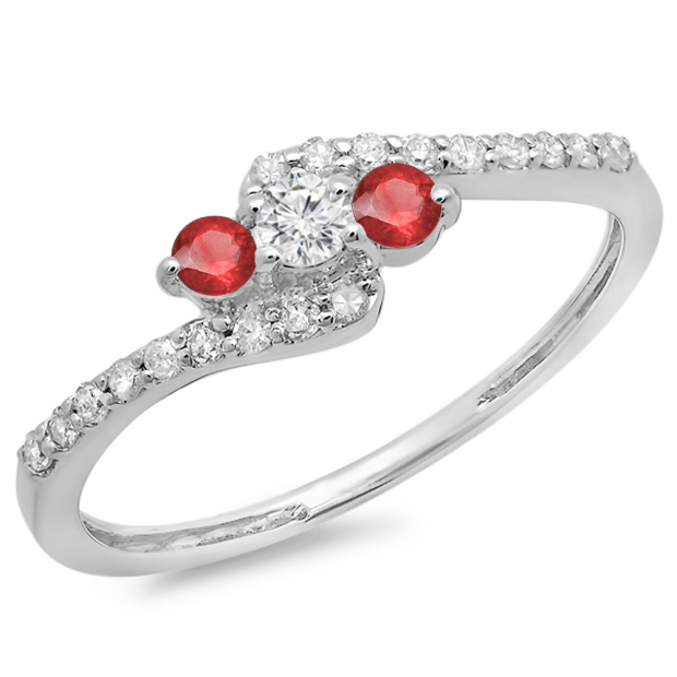 0.33 Carat (ctw) 14K White Gold Round Red Ruby & White Diamond Ladies Swirl Engagement 3 Stone Bridal Ring 1/3 CT