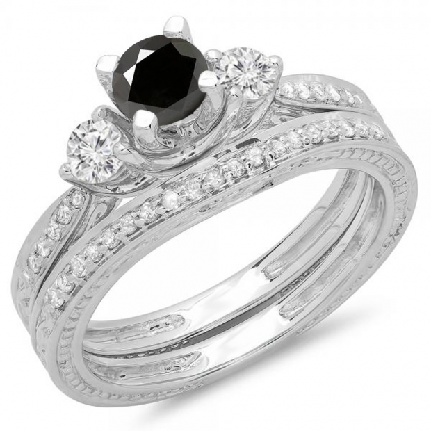 1.00 Carat (ctw) 10K White Gold Round Black & White Diamond Ladies Vintage 3 Stone Bridal Engagement Ring With Matching Band Set 1 CT