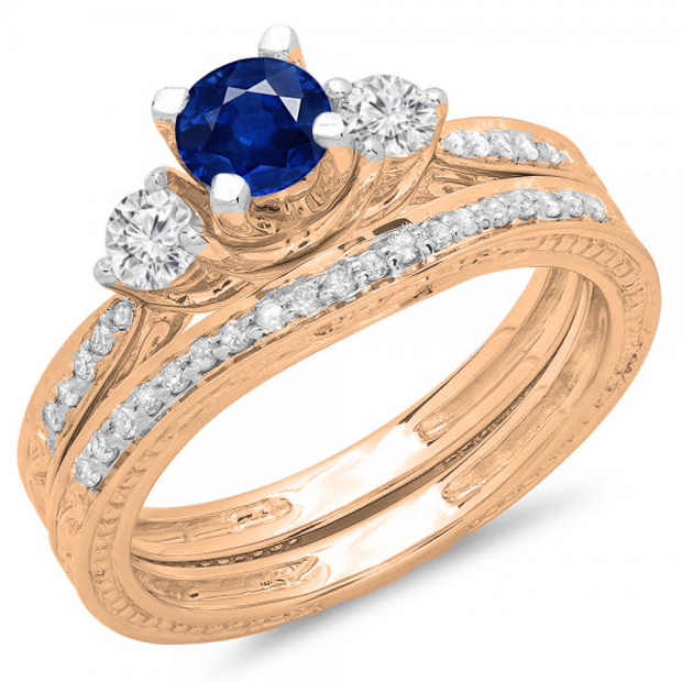 1.00 Carat (ctw) 10K Rose Gold Round Blue Sapphire & White Diamond Ladies Vintage 3 Stone Bridal Engagement Ring With Matching Band Set 1 CT