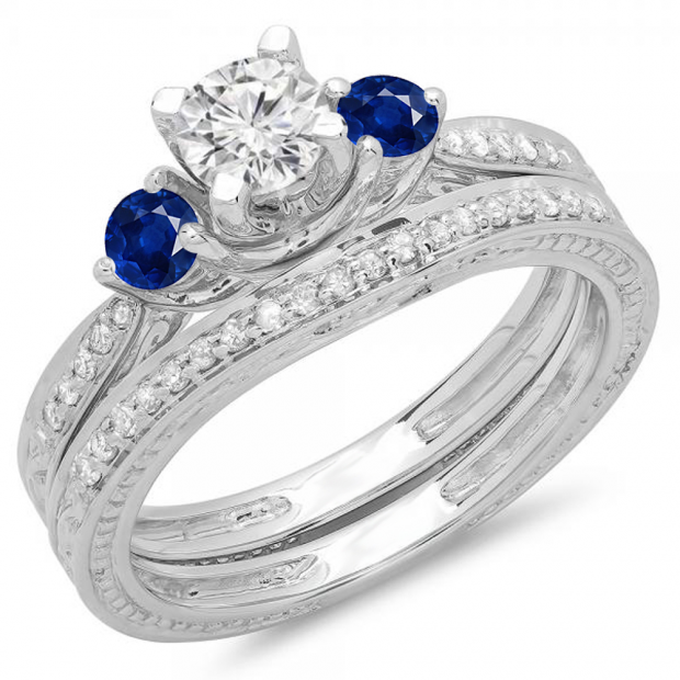 1.00 Carat (ctw) 10K White Gold Round Blue Sapphire & White Diamond Ladies Vintage 3 Stone Bridal Engagement Ring With Matching Band Set 1 CT
