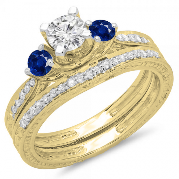 1.00 Carat (ctw) 10K Yellow Gold Round Blue Sapphire & White Diamond Ladies Vintage 3 Stone Bridal Engagement Ring With Matching Band Set 1 CT