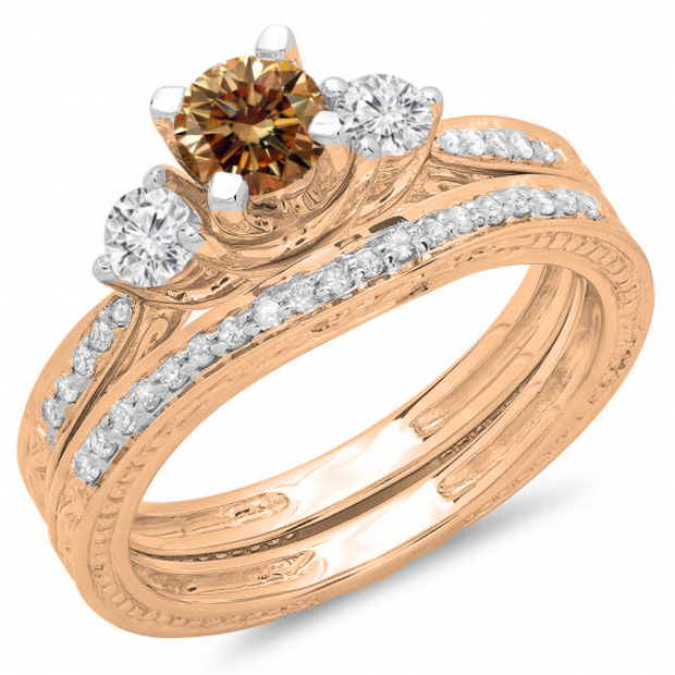 1.00 Carat (ctw) 10K Rose Gold Round Champagne & White Diamond Ladies Vintage 3 Stone Bridal Engagement Ring With Matching Band Set 1 CT