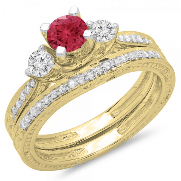 1.00 Carat (ctw) 10K Yellow Gold Round Red Ruby & White Diamond Ladies Vintage 3 Stone Bridal Engagement Ring With Matching Band Set 1 CT