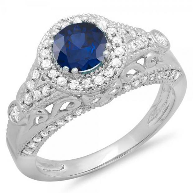 1.33 Carat (ctw) 10K White Gold Round Blue Sapphire & White Diamond Ladies Split Shank Vintage Bridal Halo Style Engagement Ring 1 1/3 CT