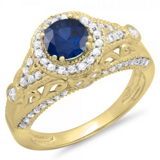 1.33 Carat (ctw) 10K Yellow Gold Round Blue Sapphire & White Diamond Ladies Split Shank Vintage Bridal Halo Style Engagement Ring 1 1/3 CT