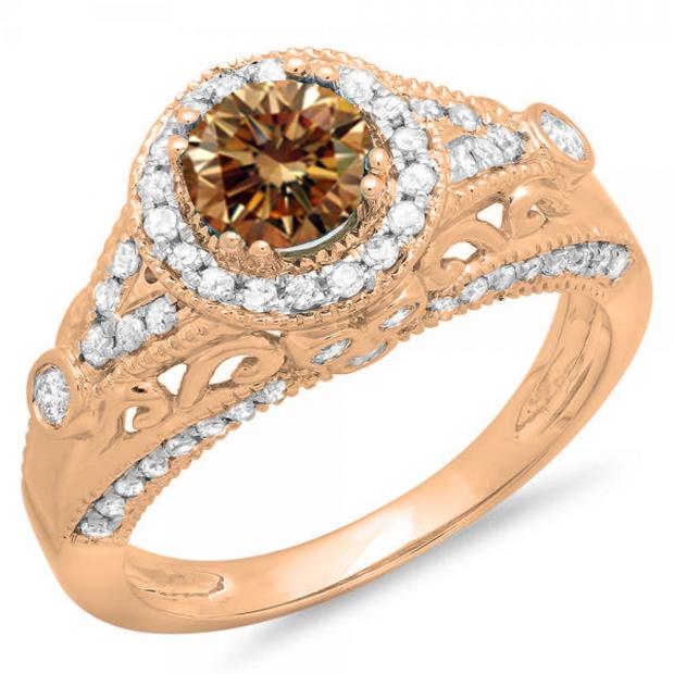 1.33 Carat (ctw) 10K Rose Gold Round Champagne & White Diamond Ladies Split Shank Vintage Bridal Halo Style Engagement Ring 1 1/3 CT