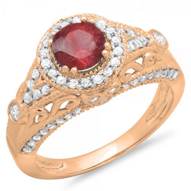 1.33 Carat (ctw) 18K Rose Gold Round Red Ruby & White Diamond Ladies Split Shank Vintage Bridal Halo Style Engagement Ring 1 1/3 CT