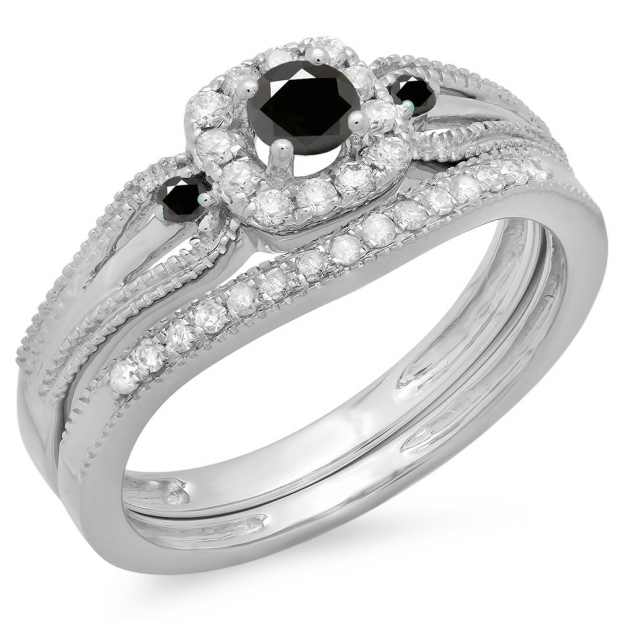 0.50 Carat (ctw) 10K White Gold Round White and Black Diamond Ladies Halo Style Bridal Engagement Ring With Matching Band Set 1/2 CT