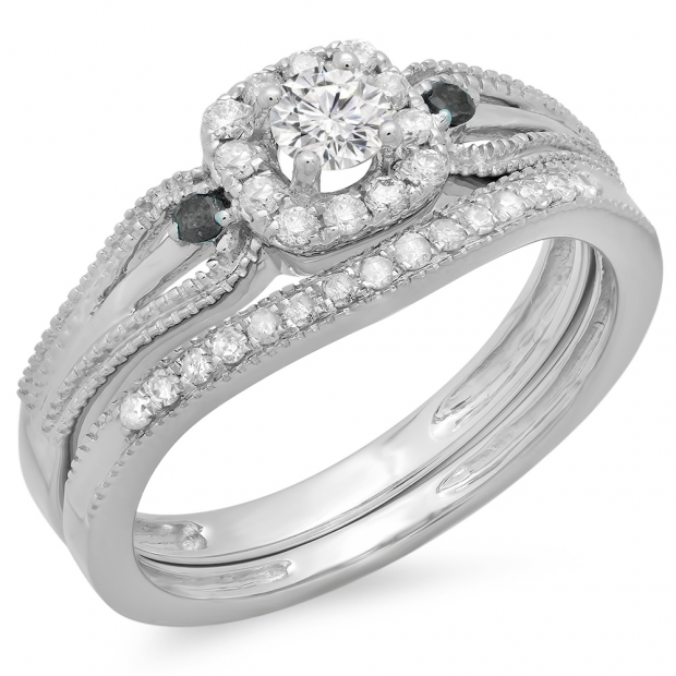 0.50 Carat (ctw) 10K White Gold Round White and Black Diamond Ladies Halo Style Bridal Engagement Ring With Matching Band Set 1/2 CT