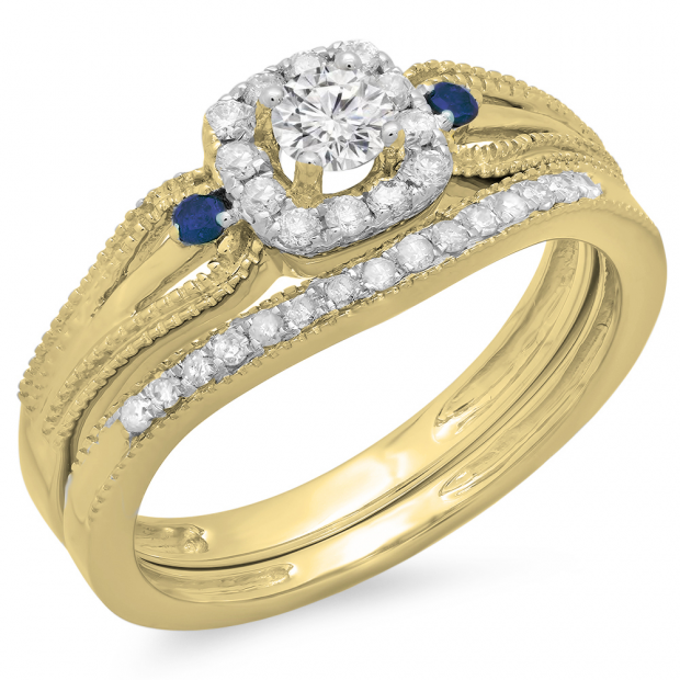 0.50 Carat (ctw) 10K Yellow Gold Round White Diamond and Blue Sapphire Ladies Halo Style Bridal Engagement Ring With Matching Band Set 1/2 CT