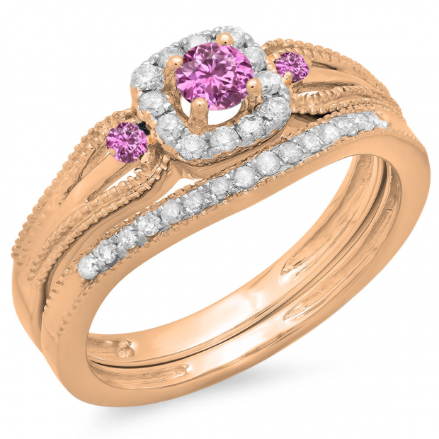 0.50 Carat (ctw) 10K Rose Gold Round White Diamond and Pink Sapphire Ladies Halo Style Bridal Engagement Ring With Matching Band Set 1/2 CT