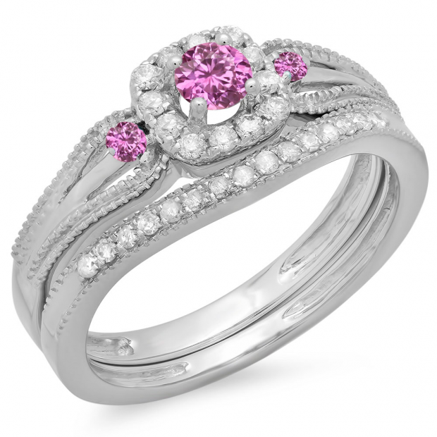 0.50 Carat (ctw) 10K White Gold Round White Diamond and Pink Sapphire Ladies Halo Style Bridal Engagement Ring With Matching Band Set 1/2 CT