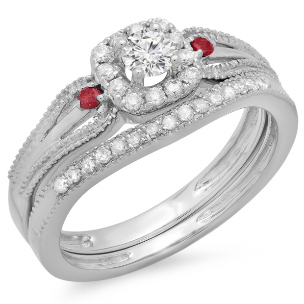 0.50 Carat (ctw) 10K White Gold Round White Diamond and Red Ruby Ladies Halo Style Bridal Engagement Ring With Matching Band Set 1/2 CT