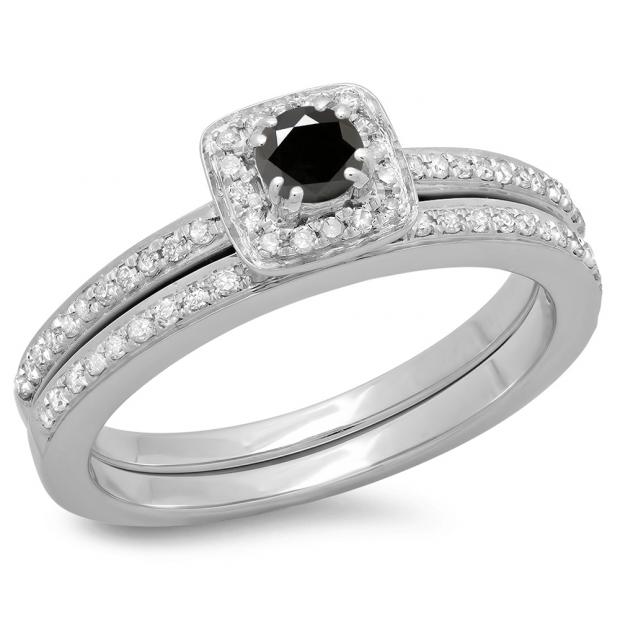 0.50 Carat (ctw) 18K White Gold Round Cut Black & White Diamond Ladies Bridal Halo Engagement Ring With Matching Band Set 1/2 CT