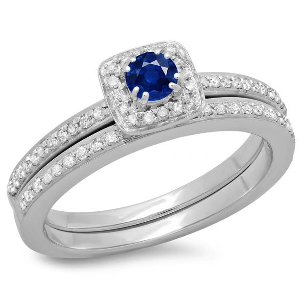 0.50 Carat (ctw) 10K White Gold Round Cut Blue Sapphire & White Diamond Ladies Bridal Halo Engagement Ring With Matching Band Set 1/2 CT