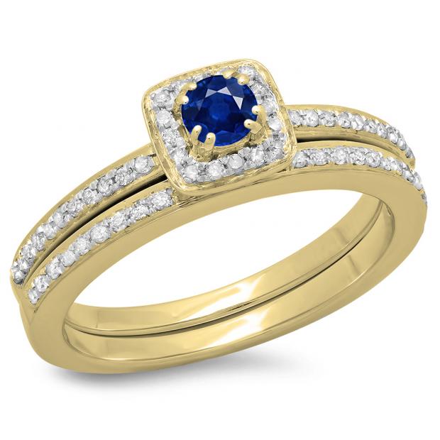0.50 Carat (ctw) 10K Yellow Gold Round Cut Blue Sapphire & White Diamond Ladies Bridal Halo Engagement Ring With Matching Band Set 1/2 CT