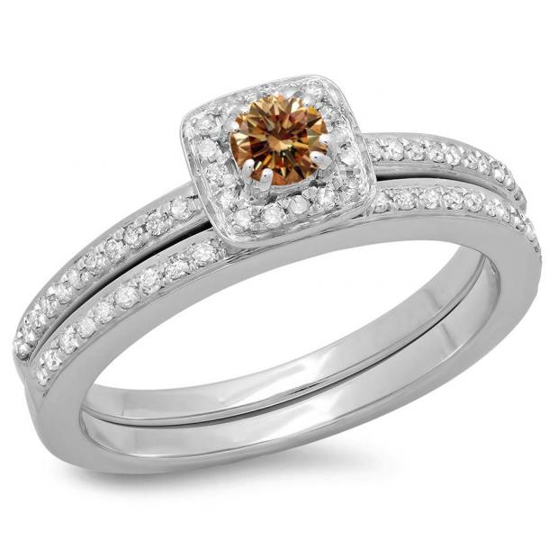 0.50 Carat (ctw) 10K White Gold Round Cut Champagne & White Diamond Ladies Bridal Halo Engagement Ring With Matching Band Set 1/2 CT