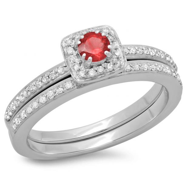 0.50 Carat (ctw) 10K White Gold Round Cut Red Ruby & White Diamond Ladies Bridal Halo Engagement Ring With Matching Band Set 1/2 CT