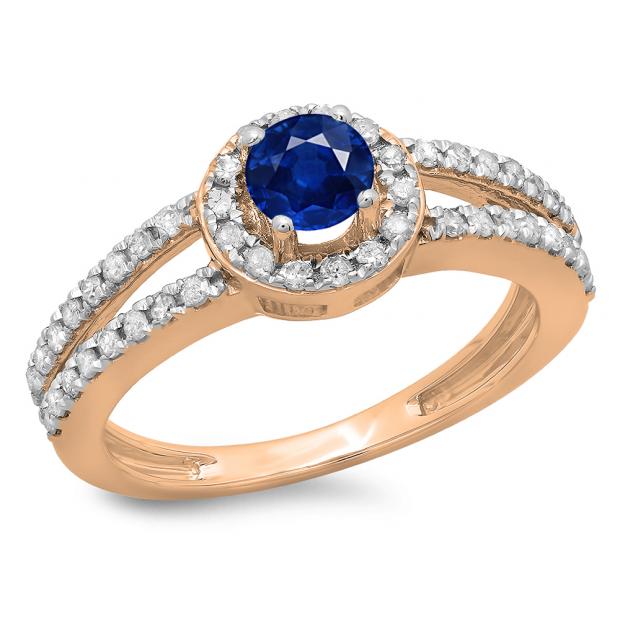 0.90 Carat (ctw) 10K Rose Gold Round Cut Blue Sapphire & White Diamond Ladies Bridal Split Shank Halo Style Engagement Ring