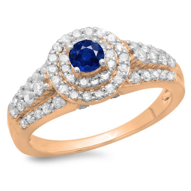 1.00 Carat (ctw) 14K Rose Gold Round Cut Blue Sapphire & White Diamond Ladies Vintage Style Bridal Halo Engagement Ring 1 CT