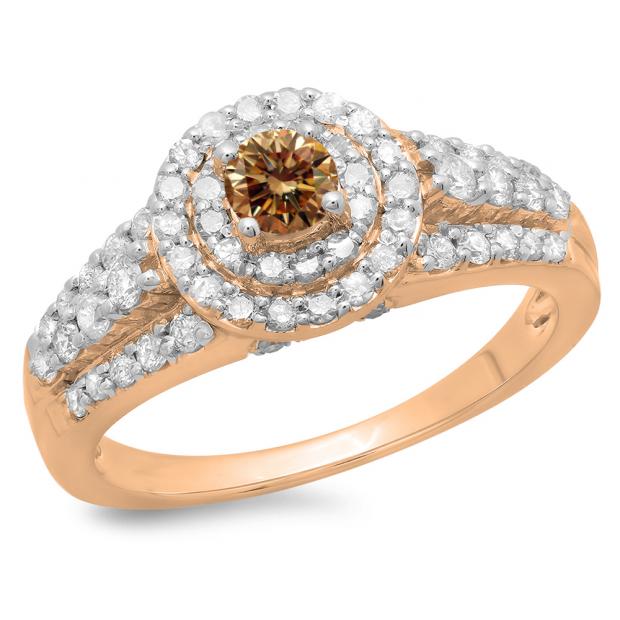 1.00 Carat (ctw) 10K Rose Gold Round Cut Champagne & White Diamond Ladies Vintage Style Bridal Halo Engagement Ring 1 CT