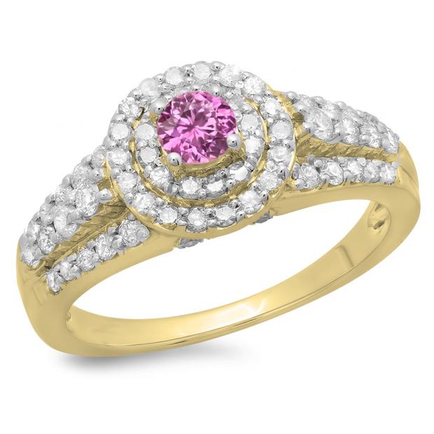 1.00 Carat (ctw) 10K Yellow Gold Round Cut Pink Sapphire & White Diamond Ladies Vintage Style Bridal Halo Engagement Ring 1 CT