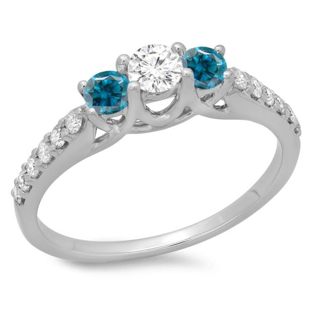 0.75 Carat (ctw) 14K White Gold Round Cut Blue & White Diamond Ladies Bridal 3 Stone Engagement Ring 3/4 CT