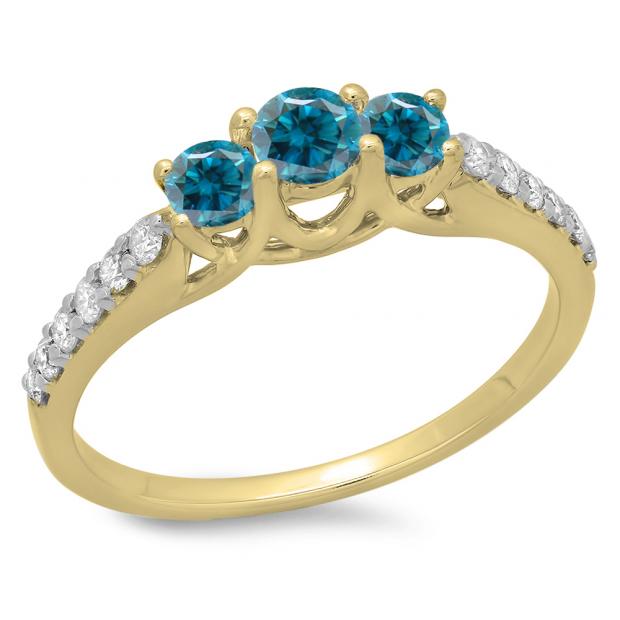 0.75 Carat (ctw) 14K Yellow Gold Round Cut Blue & White Diamond Ladies Bridal 3 Stone Engagement Ring 3/4 CT