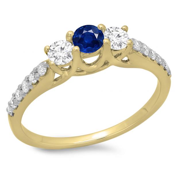 0.75 Carat (ctw) 10K Yellow Gold Round Cut Blue Sapphire & White Diamond Ladies Bridal 3 Stone Engagement Ring 3/4 CT