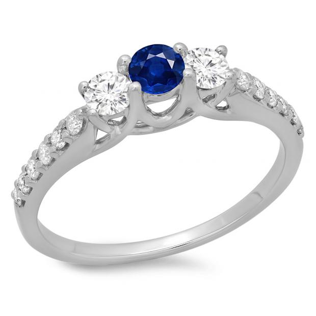 0.75 Carat (ctw) 14K White Gold Round Cut Blue Sapphire & White Diamond Ladies Bridal 3 Stone Engagement Ring 3/4 CT