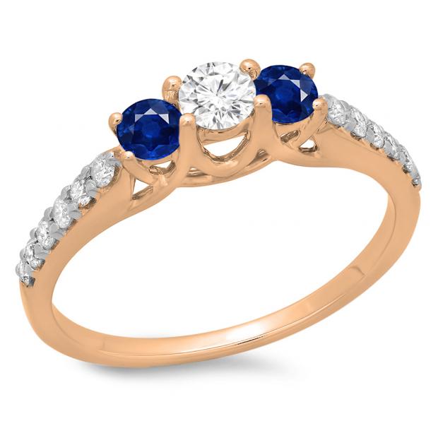 0.75 Carat (ctw) 10K Rose Gold Round Cut Blue Sapphire & White Diamond Ladies Bridal 3 Stone Engagement Ring 3/4 CT